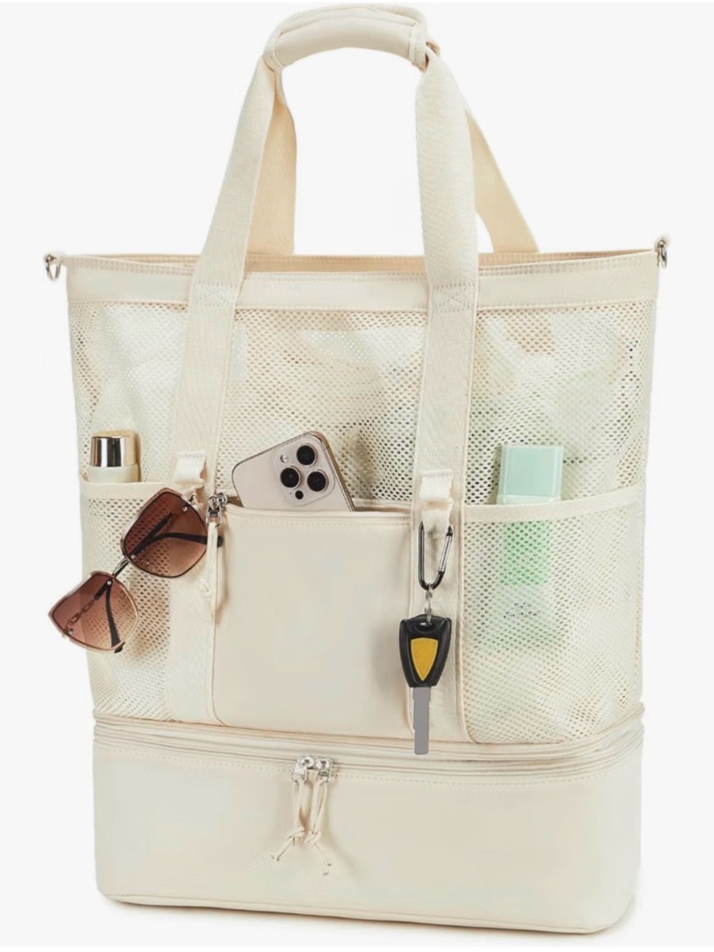 Cream Multi-Compartment Women’s Tote Bag with Bottom Storage